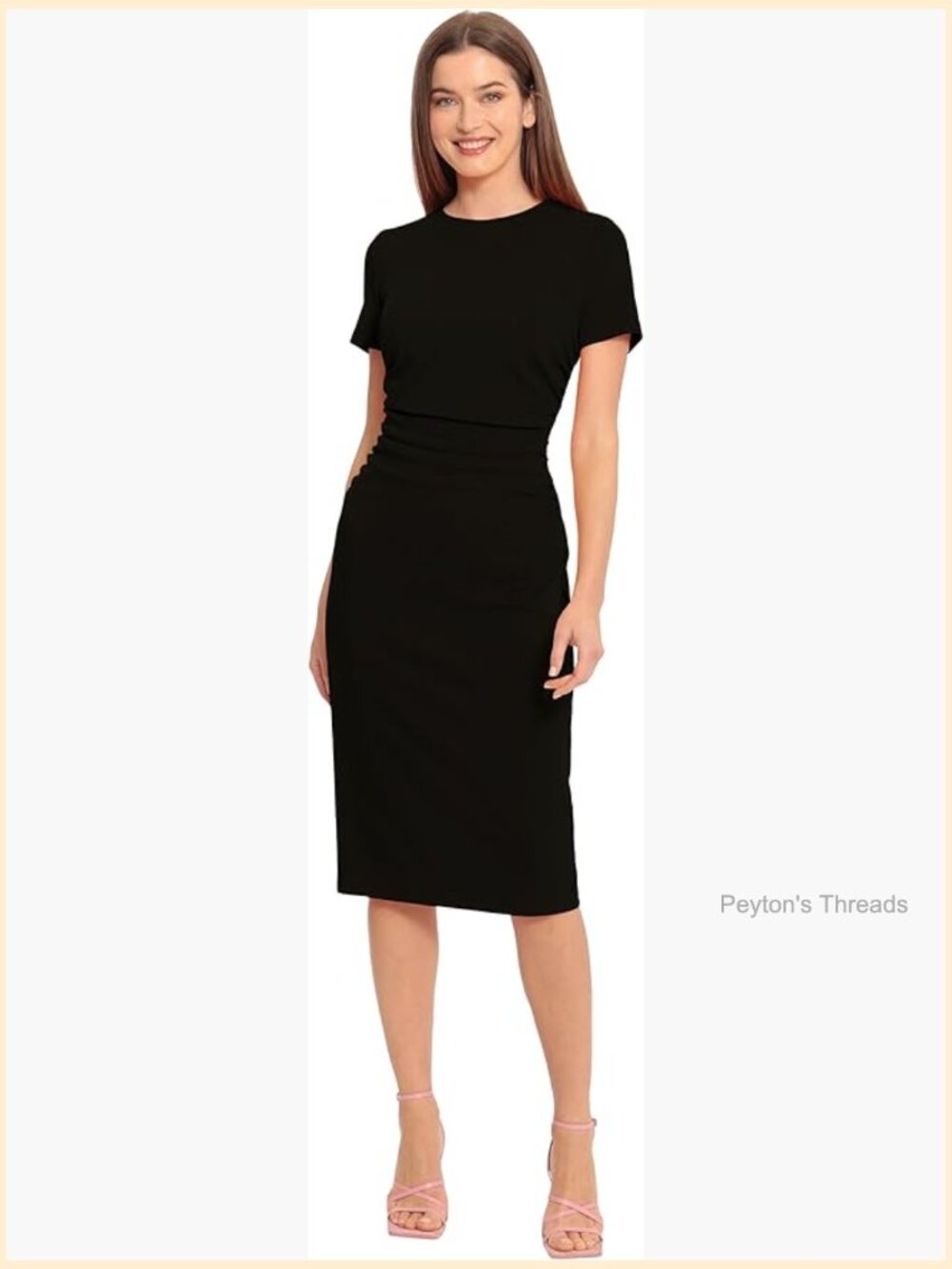 Ruched Waist Crepe Sheath Dress with Jewel Neck Short Sleeves Workwear